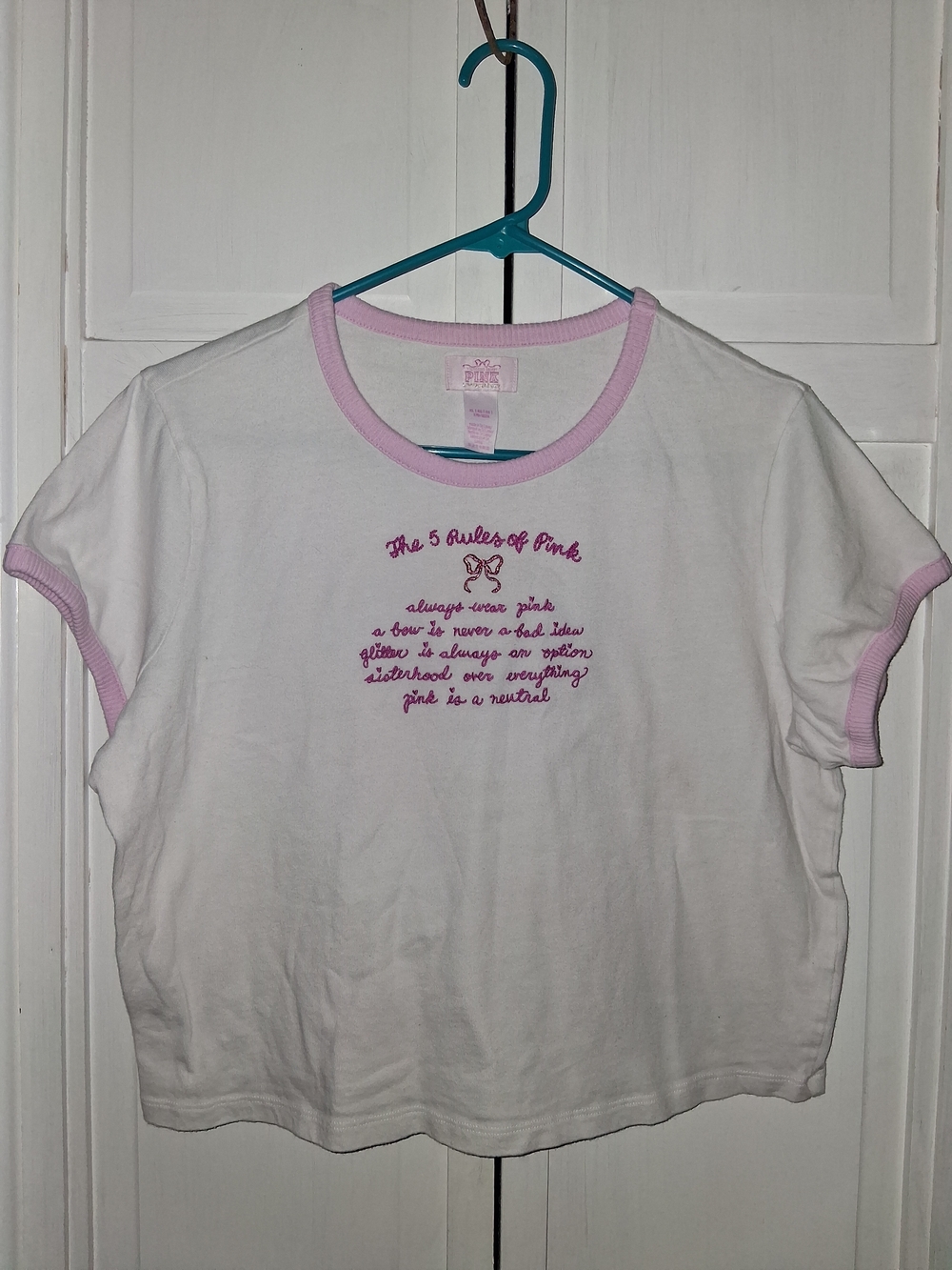 PINK Victoria's Secret Girls White Tee Light Pink Trim and Embroidered Chest